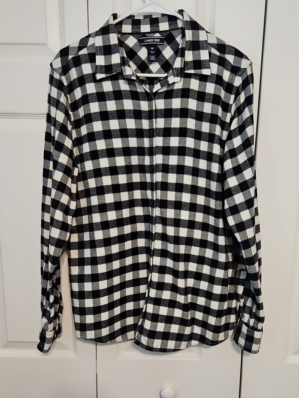 Women's Lands' End Black and White Plaid Button-Down Shirt